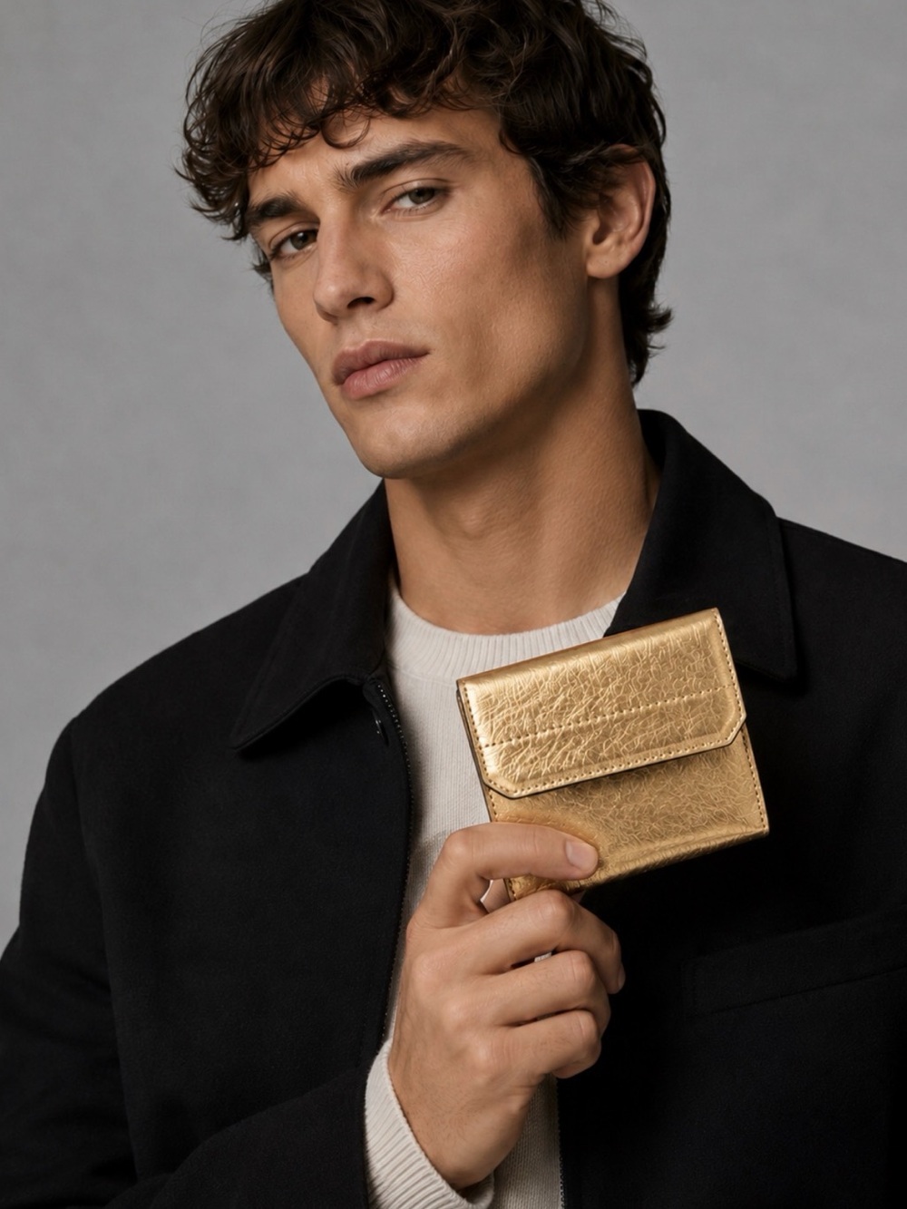 Alexander Wang Gold Metallic Leather Bifold Wallet  OS Crinkled Finish men